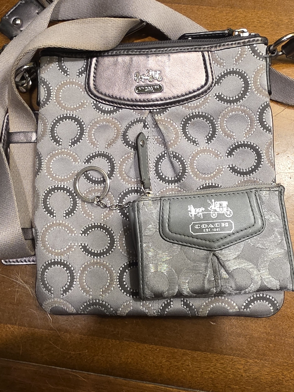 Coach Gray Signature Messenger Crossbody with Key Pouch And Striped Set